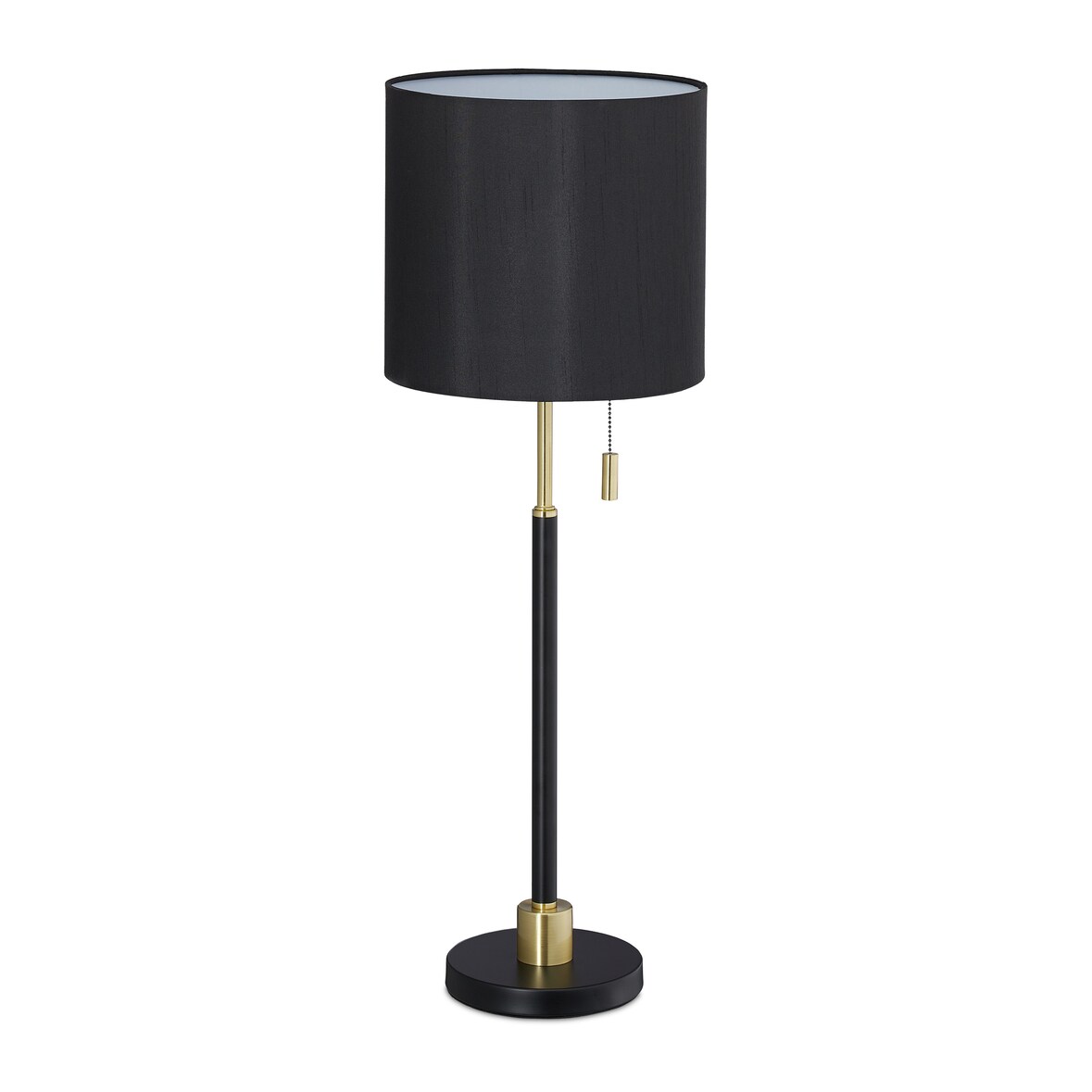 Relaxdays Tischlampe mit Zugschalter, elegante Nachttischlampe mit Stoffschirm, E27 Fassung, HD 69 x 24 cm, schwarz-gold