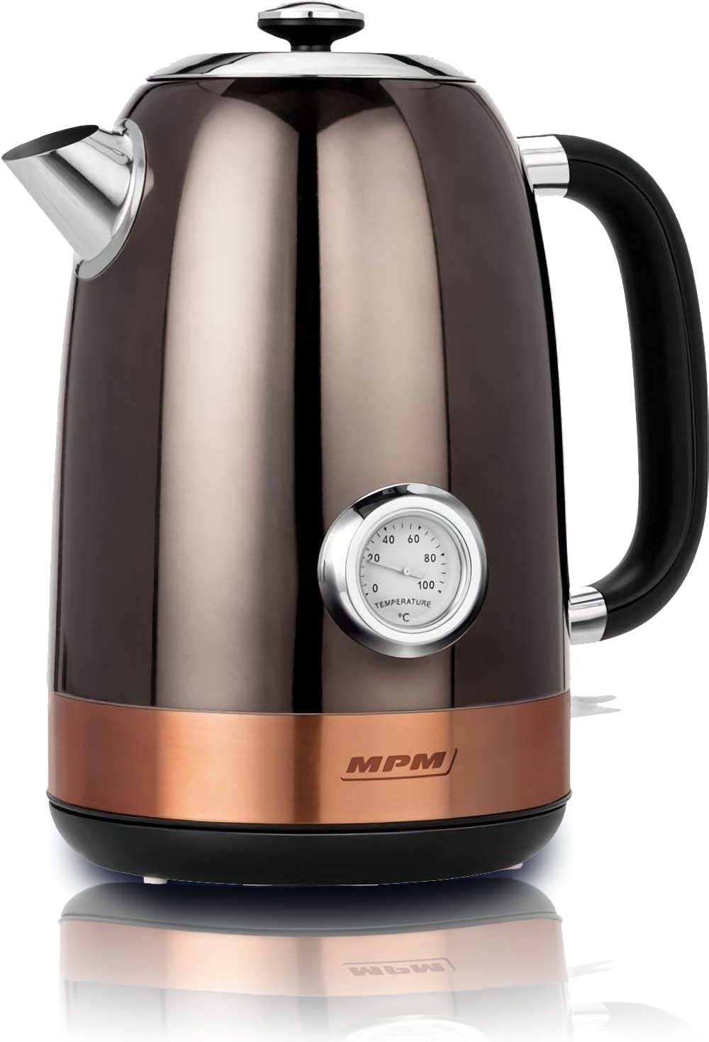 MPM MCZ-87 Hervidor Agua Eléctrico, 1,7L, sin BPA, Acero Inox, Indicador Temperatura, Resistencia Oculta, Base 360º, Marrón, 2200W