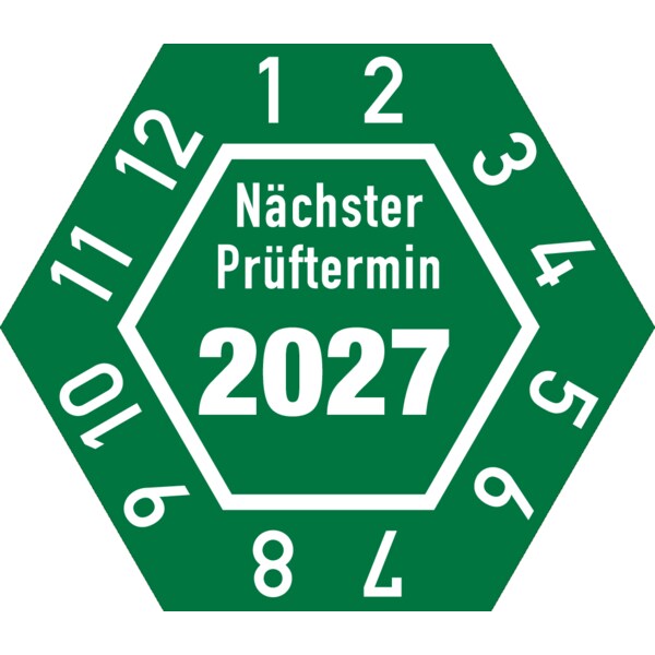 Prüfplakette ab 27, Nächster Prüftermin, Jahresfarben - Bogen = 10 Plaketten - 30 x 26 mm Folie selbstklebend