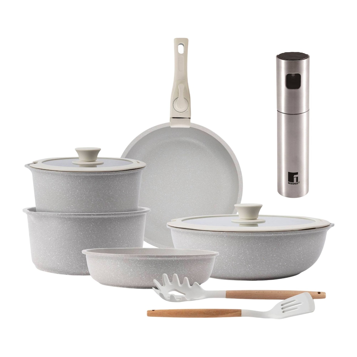 BERGNER - Batería de cocina 10 pcs Aluminio fundido y Antiadherente con Mango extraíble con Pulverizador de Aceite/Vinagre Ø4x17,5cm