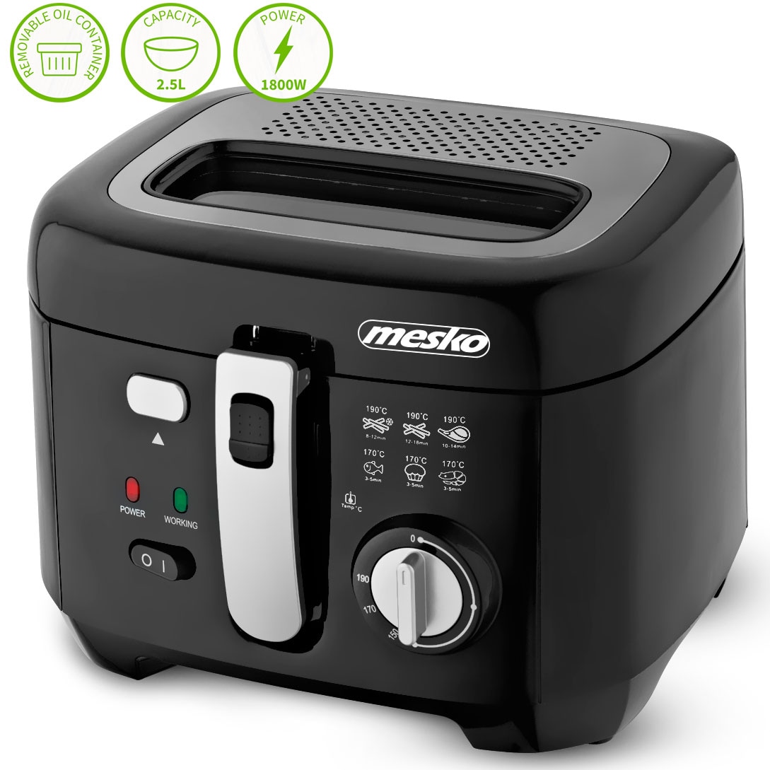 Mesko MS 4908 Freidora Eléctrica Compacta, 2,5 L, Cubeta Desmontable Lavable, Antiadherente, Libre BPA, 1800W, Nero