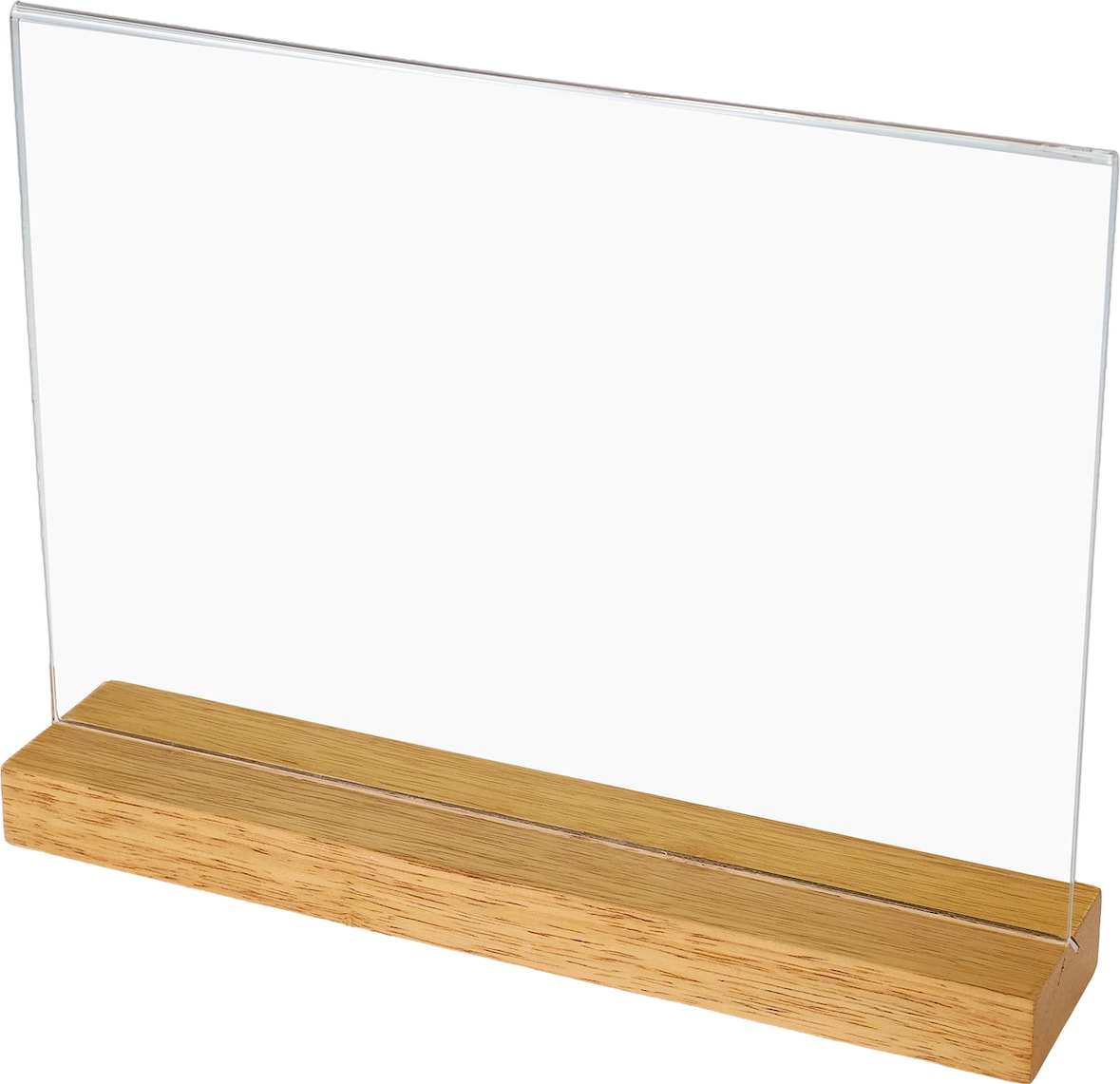 HMF 46945 Acryl Tischaufsteller mit Holzfuß, DIN A4 Querformat, Glasklar