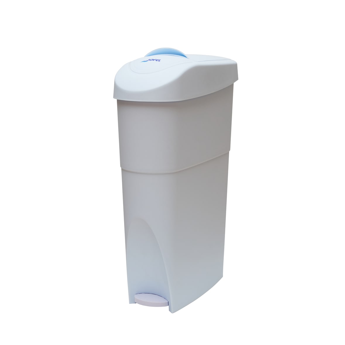 Jofel - Contenedor Sanitario Femenino con Pedal, Deposito de compresas, Tapa Superior Extraible, Trampilla para Depositar las Compresas, 15 L, Blanoc
