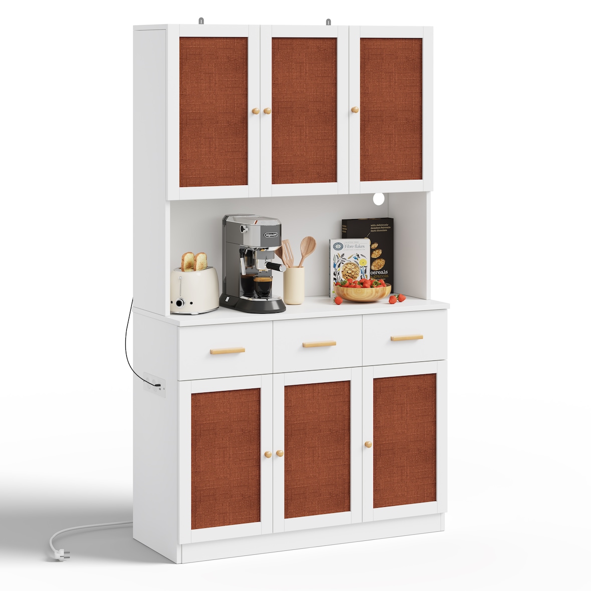 Buffetschrank 105x43x182 cm Weiß mit Stofffronten, Massivholzgriffen, LED-Beleuchtung, Steckdose & USB-Anschlüssen, großem Stauraum