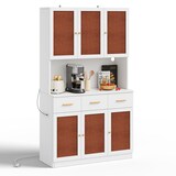 thumbnail of Buffetschrank 105x43x182 cm Weiß mit Stofffronten, Massivholzgriffen, LED-Beleuchtung, Steckdose & USB-Anschlüssen, großem Stauraum