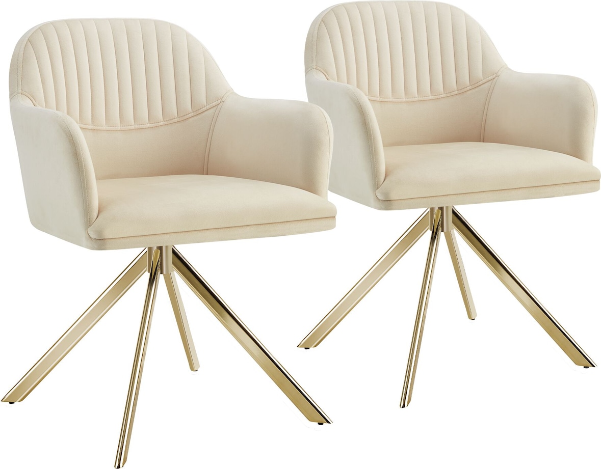 tectake Samt-Drehstuhl Lona mit dicker Polsterung  - 2er Set creme/gold