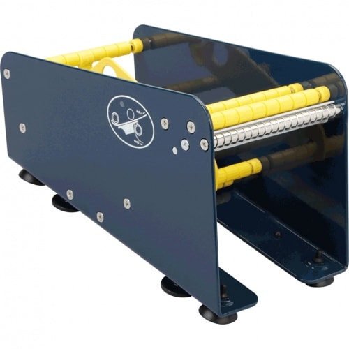 Tisch-Etikettenspender mit Rollenteiler, blau, Stahl, Nutzbreite 112,5mm