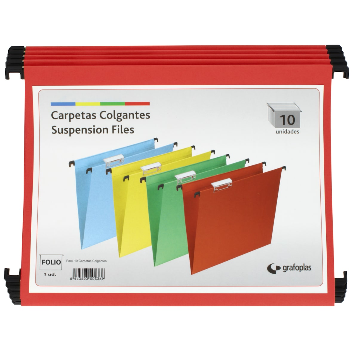 Pack 10 carpetas colgantes con visor superior corto cartulina folio lomo V rojo.