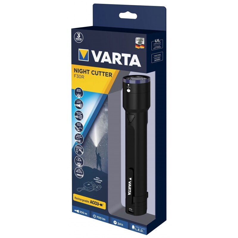 Varta Premium Night Cutter F30R Rechargeable 700 Lumen mit Gürtelclip, mit USB-Schnittstelle, verstellbar akkubetrieben inkl. Akku