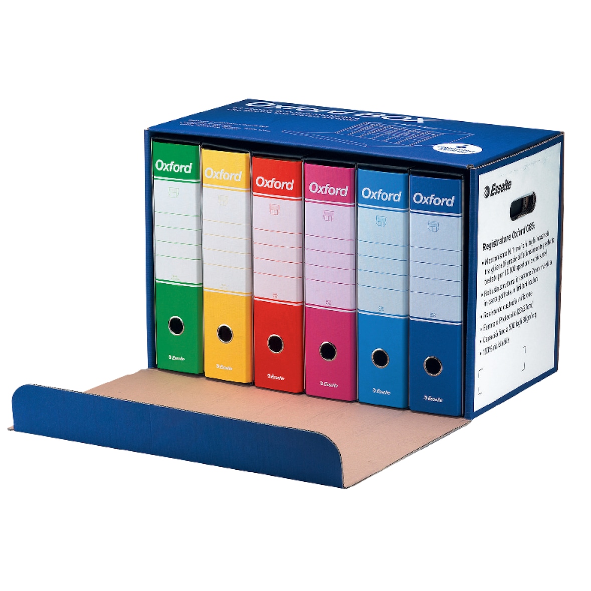 Esselte G85 OXFORD Box Conf. 6 Registratori con Meccanismo a Leva F.to Protocollo D8 cm, colori assortiti, con scatola archivio in cartone,390785112