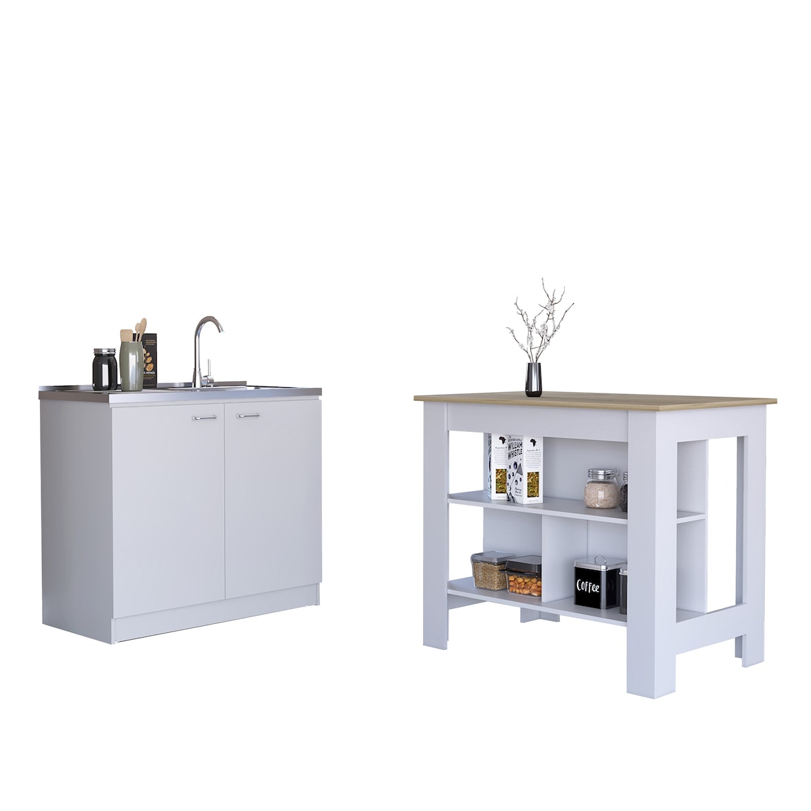 TUHOME Conjunto Phoenix de Cocina, Isla de Cocina + Mueble de Cocina con fregadero, 90/90 cm Al X 103/100 cm An X 70/50 cm P, Blanco / Duna