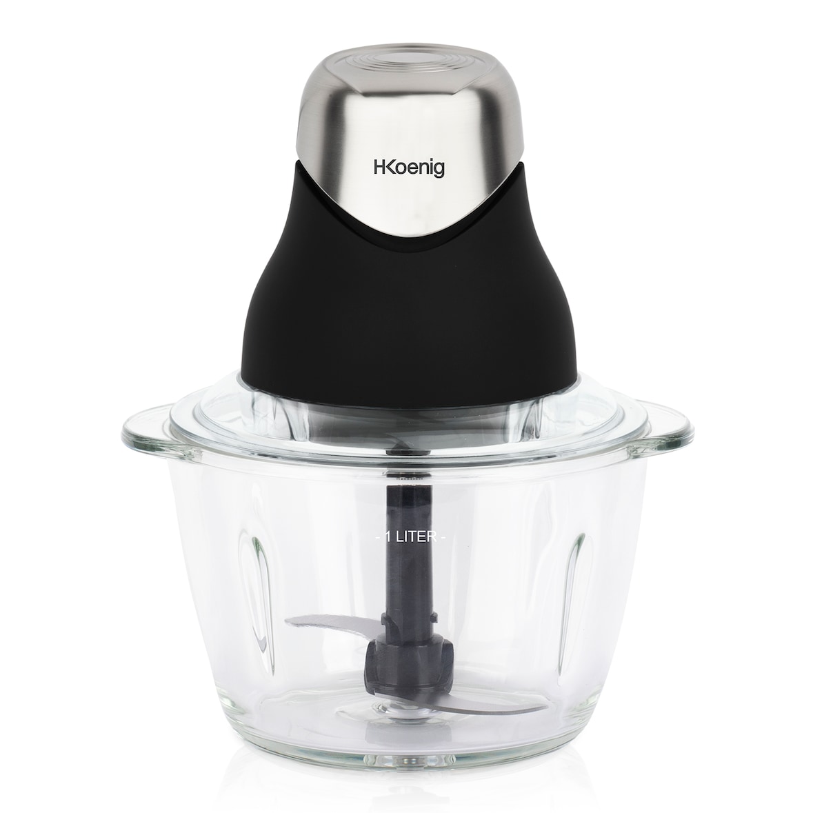 H.Koenig Mini Tritatutto elettrico Nero LEO8 Ciotola di vetro graduata resistente 1L Lame in acciaio inox, coperchio per conservazione