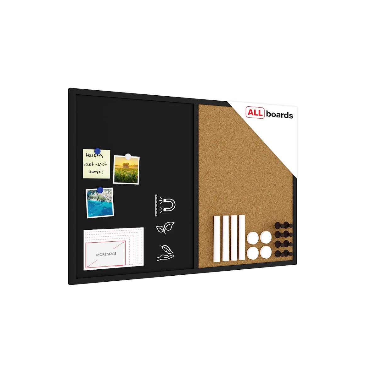 ALLBoards Tableau Combi Noir Magnétique et en Liège Noir avec Cadre en Bois Noir 90x60 cm
