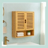 thumbnail of Relaxdays Hängeschrank Bad, 3 Fächer, HBT: 66 x 59 x 21 cm, Lamellentüren, Magnetverschluss, schmaler Wandschrank, natur
