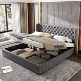 thumbnail of Chesterfield Stil Samt Polsterbett 180x200 mit Hydraulikbettkasten hohem Kopfteil Veloursstoff inklusive Lattenrost Grau