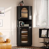 thumbnail of Badschrank Eckschrank Schwarz 167x45x45 cm mit integrierter Lichtleiste Glastür offenen Fächern verstellbaren Einlegeböden Kippschutz MDF