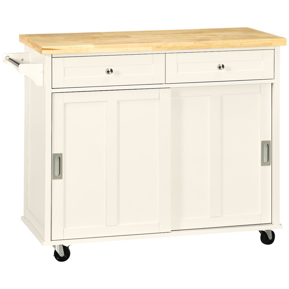 Carrito de Cocina Carro de Servicio Multifuncional con 2 Armarios de Puerta Corredera 2 Cajones y Toallero Aparador Móvil con Ruedas 110x49,5x89,5 cm