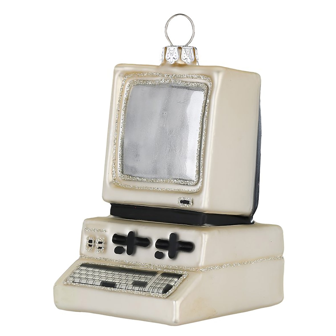 Christbaumschmuck Glas 8,5cm Computer Figur Handbemalt Weihnachtsbaum Anhänger Weihnachten Christbaumanhänger Weihnachtsbaumschmuck Retro PC Weiß