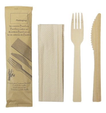 MONOUSO - Set di posate in bambù Forchetta, Coltello e Tovagliolo 17cm (24 Pezzi)
