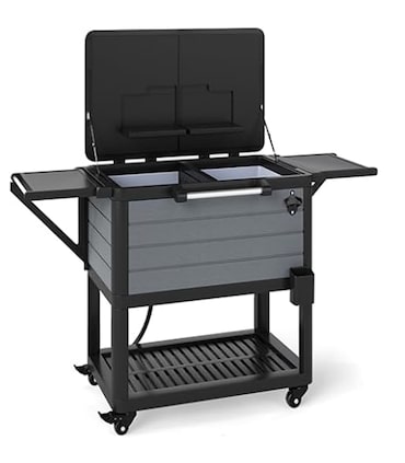 SOARS Box Frigo con Ruote, 91 L, Bar Mobile per Esterni, con Divisorio Rimovibile, 2 Ripiani Laterali Piegevoli, 4 Ruote Universali