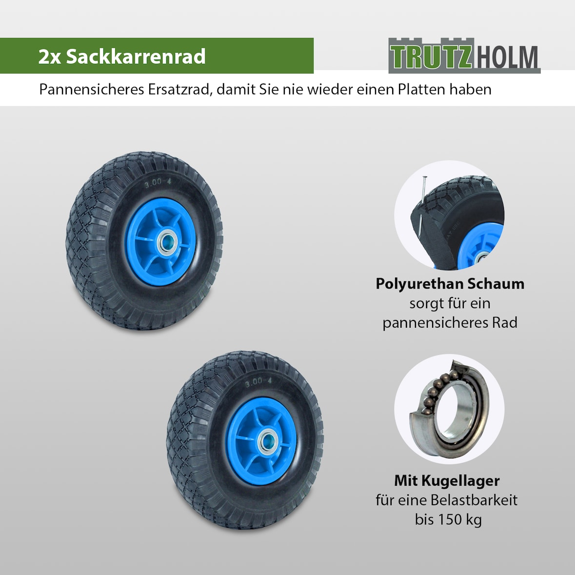 2x Sackkarrenrad PU-Rad 260x85 mm 3.00-4 60 mm versetze Nabe Ø 20 mm blau Vollgummi Bollerwagen