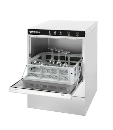 Hendi glaswasmachine met elektromechanische besturing, alkalische oplossing en doseerpomp voor reinigingsmiddel.