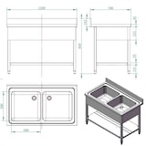 thumbnail of Fregadero industrial con doble pila y estante, acero inoxidable 1200 x 700 mm 10205 Vaiotec