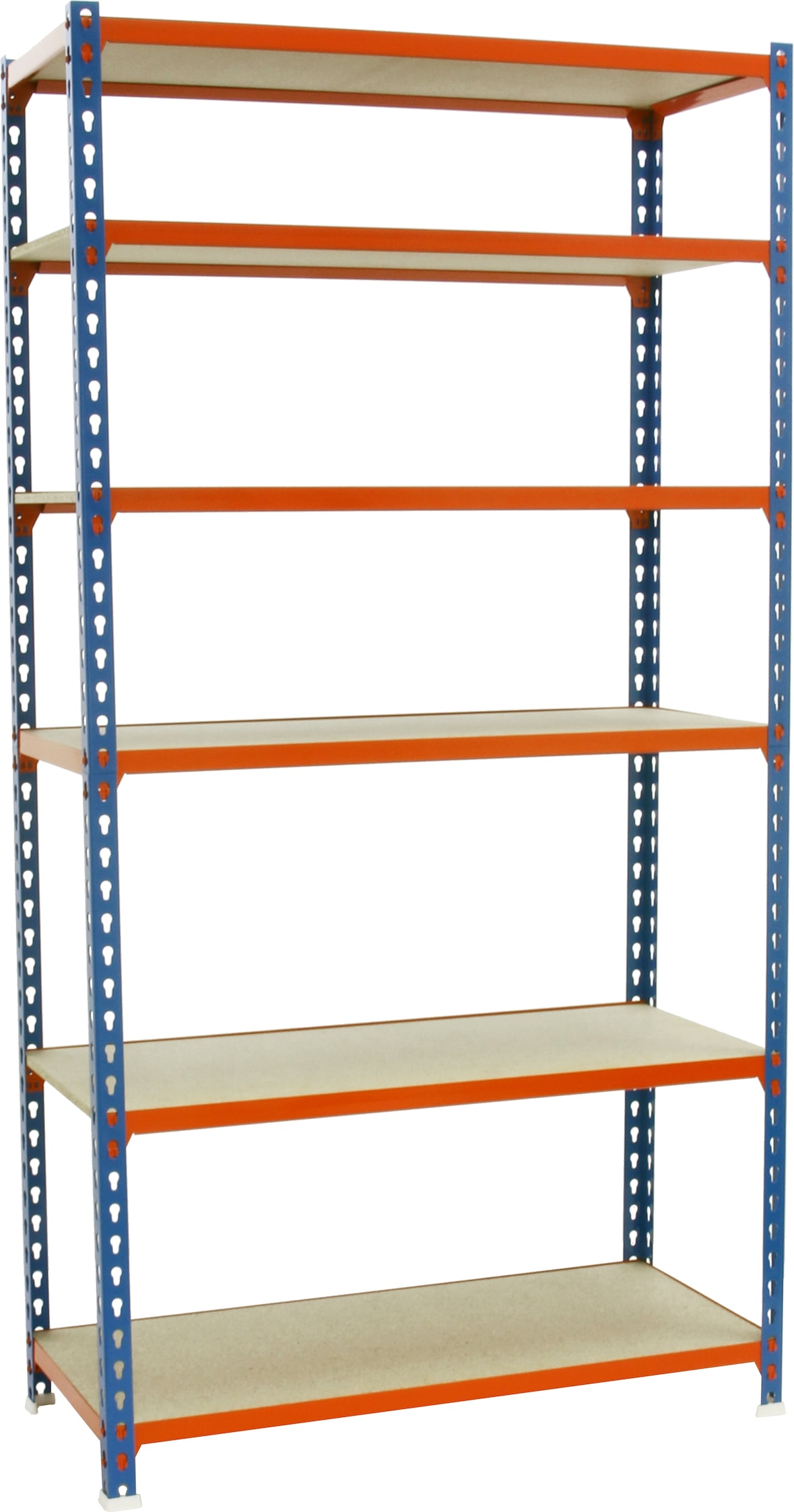SimonRack Estantería Metálica, 2500x800x500 mm, 6 Alturas, Bandeja Madera, 150 kg de Punto Flexión, Azul/Naranja/Madera - Maderclick