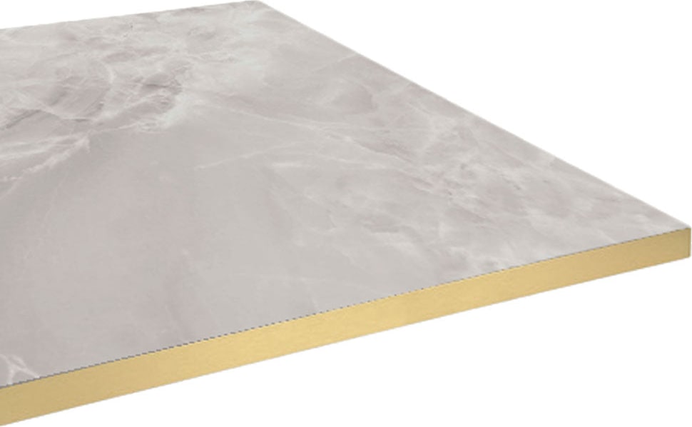 Restootab - Tischplatte 70x70 Dekor Marmor perla Kanten messingfarben