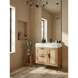thumbnail of Waschbeckenunterschrank Eiche-Optik 60x60x40 cm mit Tür und Schubladen, Badezimmerschrank mit Rattangeflecht, Unterschrank Stehend, Badschrank