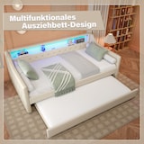 thumbnail of Tagesbett 90x200 cm aus Leinen mit Ausziehbett, stilvolle LED-Beleuchtung, USB-Anschluss, komfortables Design in Beige, ideal für kleine Räume