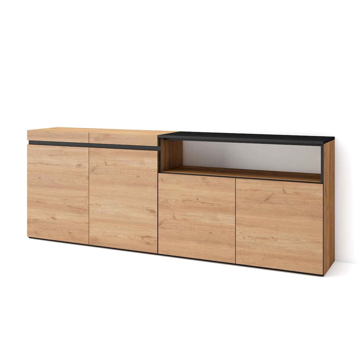 Sideboard, Schrank, Küche, Schrank, Flurmöbel, 200x35x75cm, 4 Türen, Viel Stauraum, Modernes Design, Eiche und schwarz - 63_13