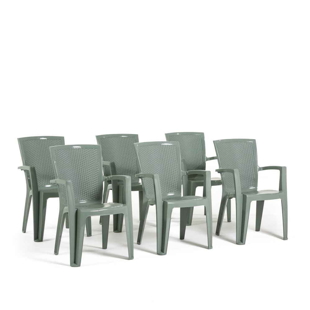 Set de 6 chaises monobloc en polypropylène avec fibre de verre, effet rotin, empilables pour extérieur et jardin, bar et restaurant - Diana - Sauge