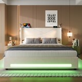 thumbnail of Merax Doppelbett 140 x 200cm Polsterbett, Gepolsterter Bettrahmen mit 2 Leselichtern, LED-Lichtleisten, hydraulischem Stauraum, USB-Anschlüssen, Beige