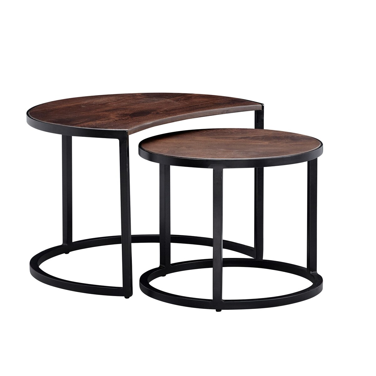 KADIMA DESIGN Couchtisch 2er Set Mango Massivholz / Metall Wohnzimmertisch Rund, Industrial Beistelltisch mit Metallbeine Schwarz, Tischset 2-teilig 