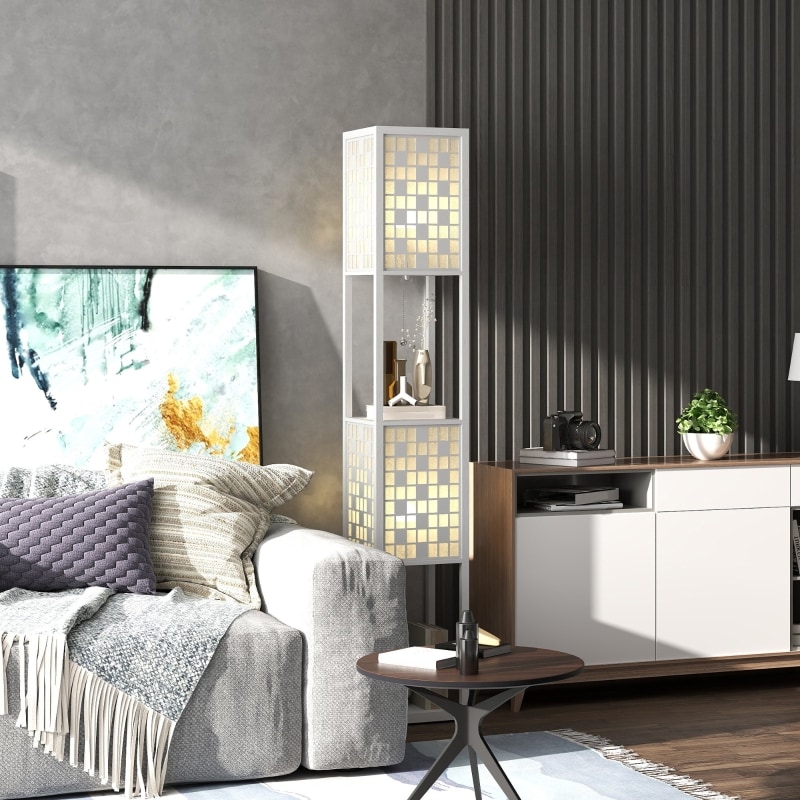Ein moderner Stehlampe mit Regalen.