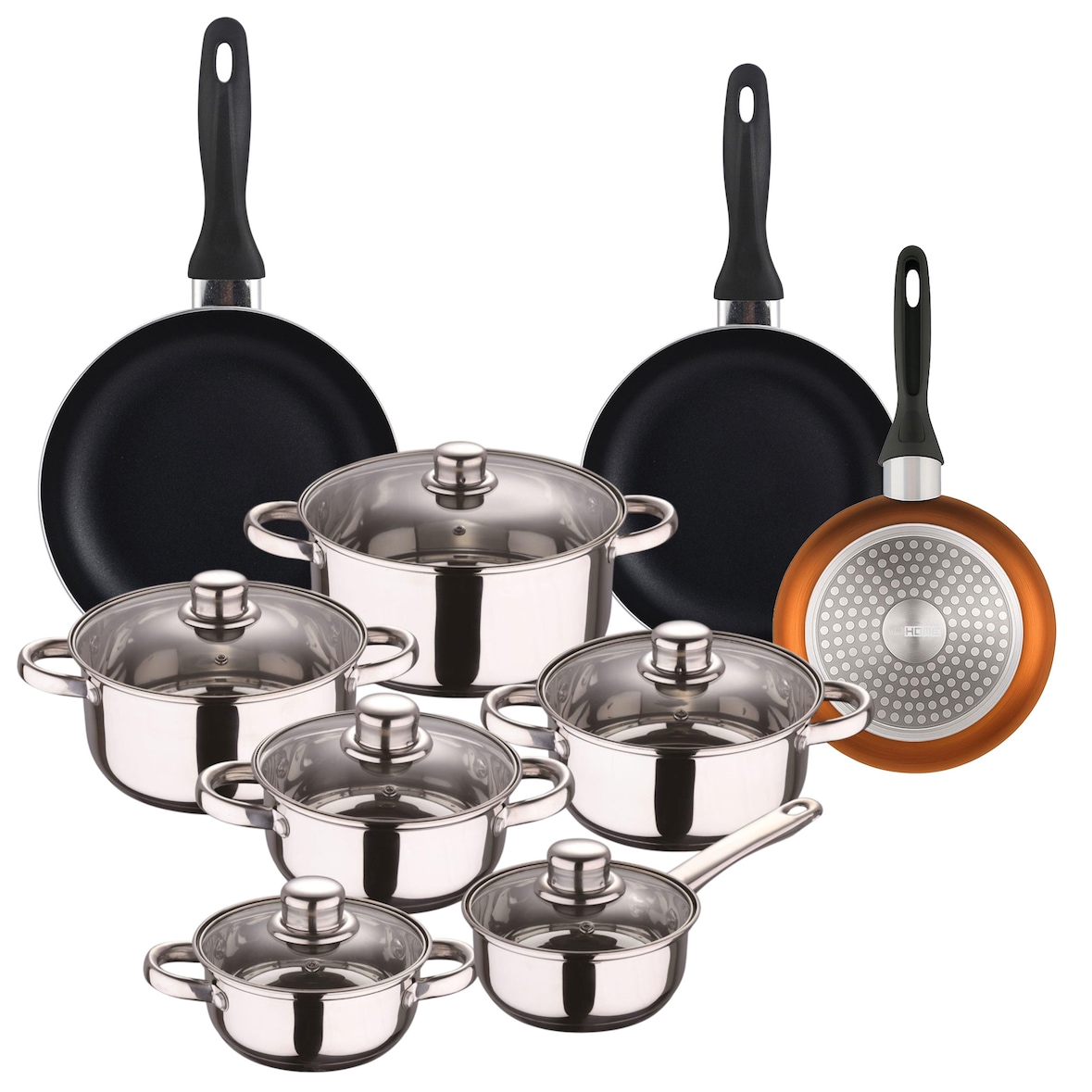 WellHome - 12-teiliges Edelstahl-Kochgeschirrset mit 3 Bratpfannen Ø16/20/24cm, Kupfergepresstes Aluminium