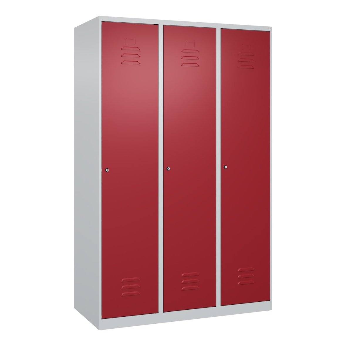 C+P Spind Classic PLUS, 3 Abteile, HxBxT 185x120x50cm, Zylinderschloss, Hellgrau/Rubinrot von PROREGAL