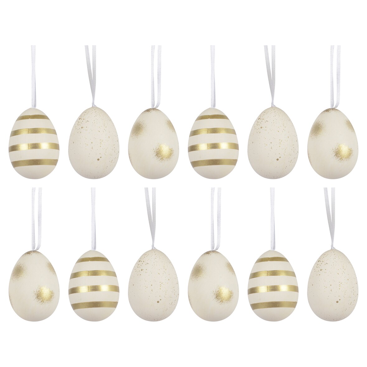 12 Ostereier zum Aufhängen 4x6cm bruchfeste Plastikeier Kunststoffeier Osterdeko Kunststoff  Deko Eier Hängend Hängedeko Frühlingsdeko Weiß Gold