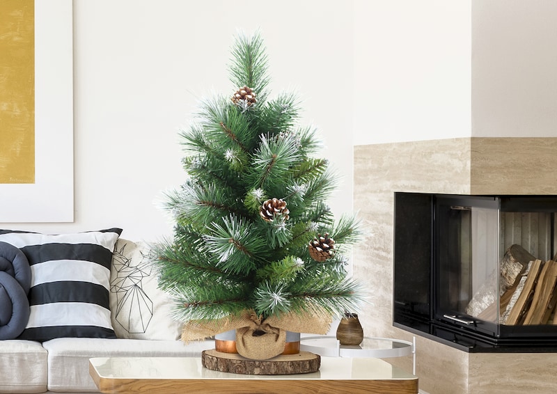 Un piccolo albero di Natale con pigne e neve.