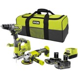 thumbnail of 3 outils : 1 perceuse-visseuse R18DD3 + 1 meuleuse 115 mm + 1 scie sauteuse + 2 batteries 4 Ah & 2 Ah + 1 chargeur & 1 sac RYOBI