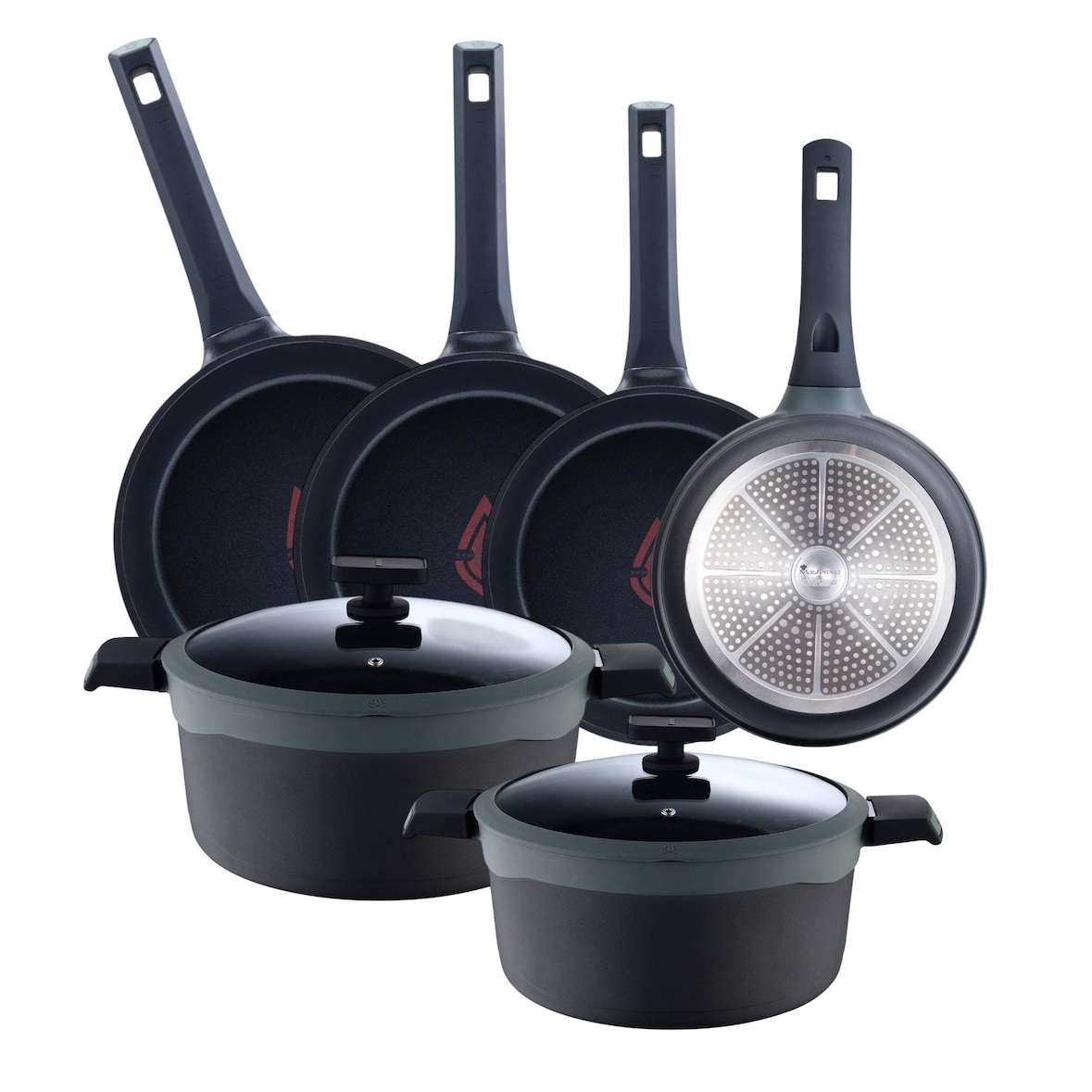 Masterpro Gastro Reeco - Set di pentole ø16/24/28cm con set di 3 padelle ø20/24/28cm in alluminio pressofuso Adatto all'induzione