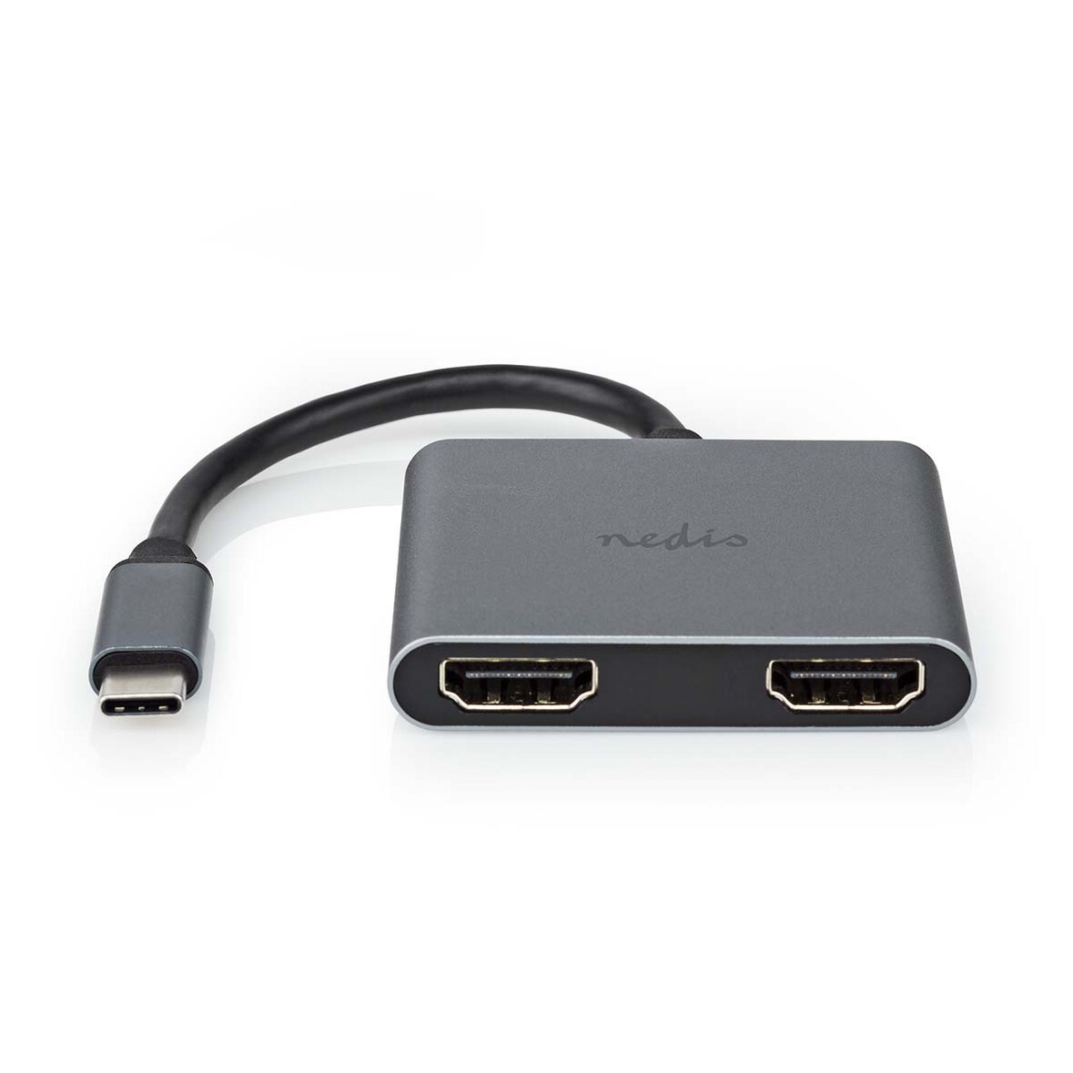 Nedis USB-C Adapter - 2-in-1 - USB 3.2 Gen 1 - USB-C Stecker - 2x HDMI - 4K@30Hz - 0.10 m - Rund - Vernickelt - PVC - Schwarz - Box