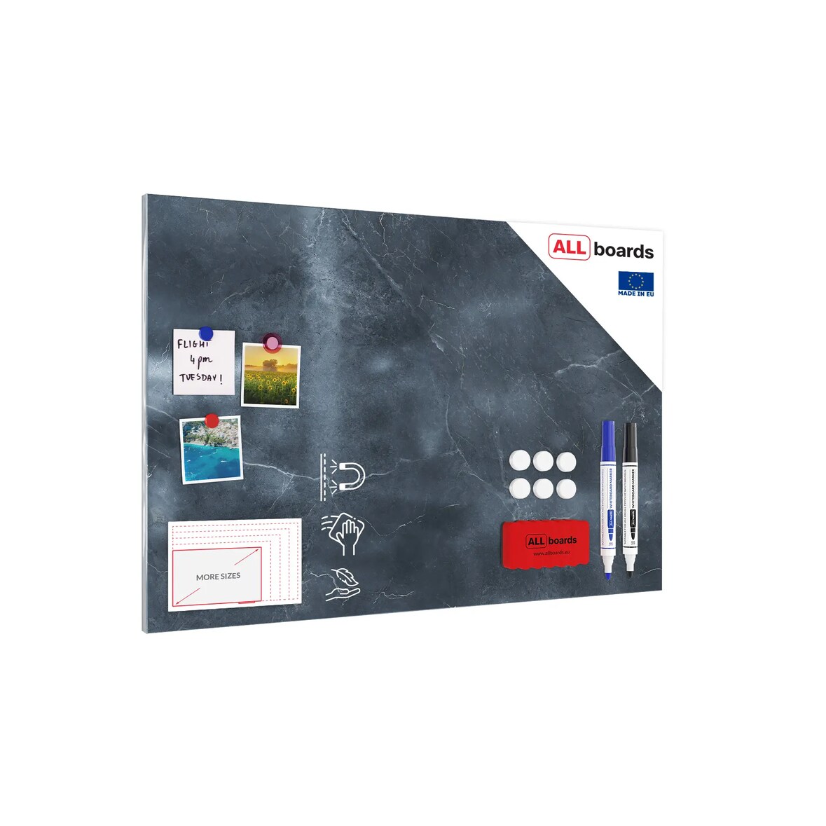ALLboards Metallische Magnettafel ANTHRAZIT MARMOR 90x60cm Memoboard für jede Art von Magneten Magnetpinnwand + Marker, 10 Magnete und Schwamm