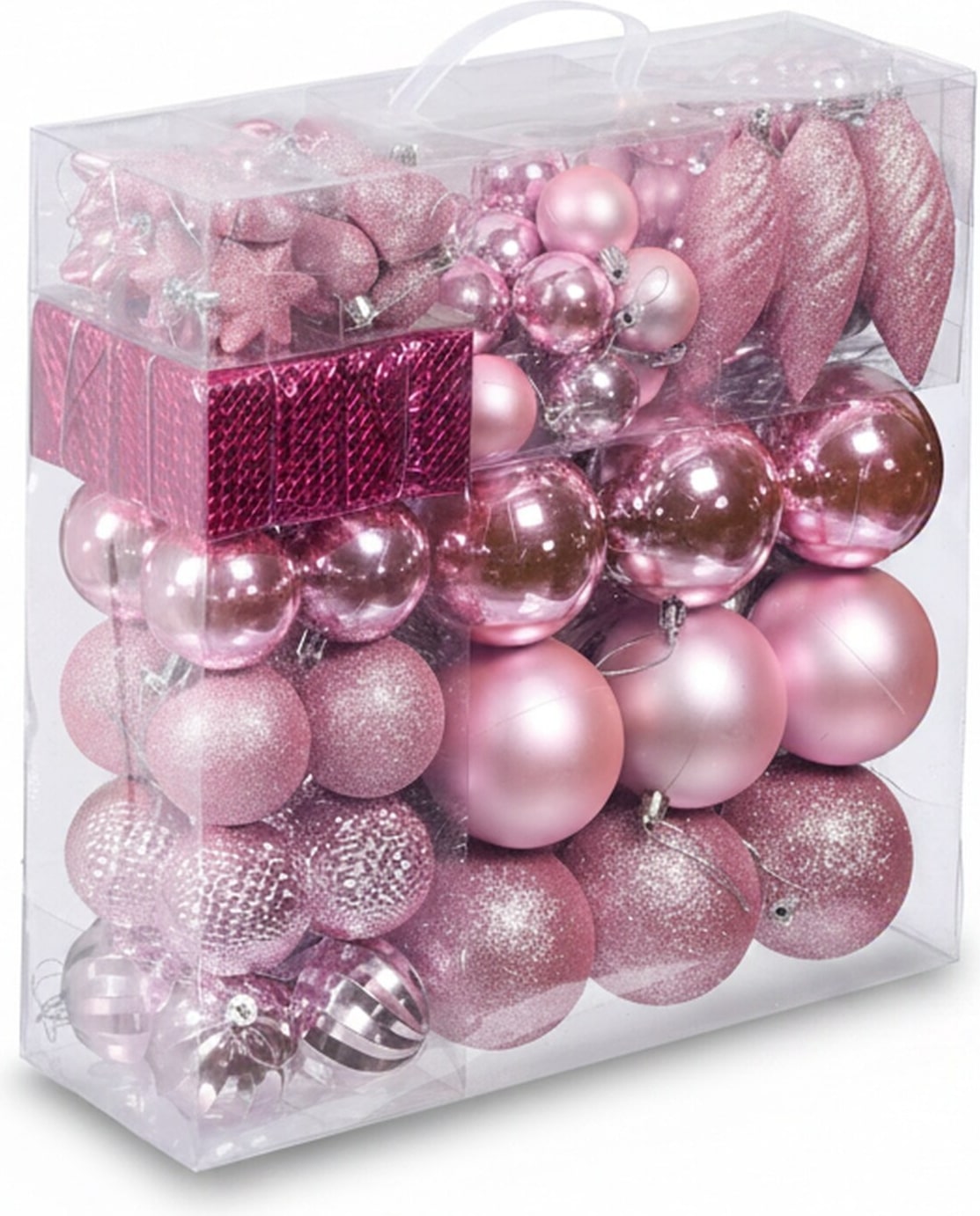 Relaxdays Weihnachtskugeln 110er Set, Kunststoff, Weihnachtsbaumdeko mit Kugeln & Lametta uvm., Christbaumschmuck, rosa