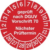 thumbnail of Prüfplaketten ab 26, DGUV Vorschrift 70 Nächster Prüftermin, rot/weiß, Folie, Ø 30 mm - Bogen = 10 Stk. - 30 mm Folie selbstklebend