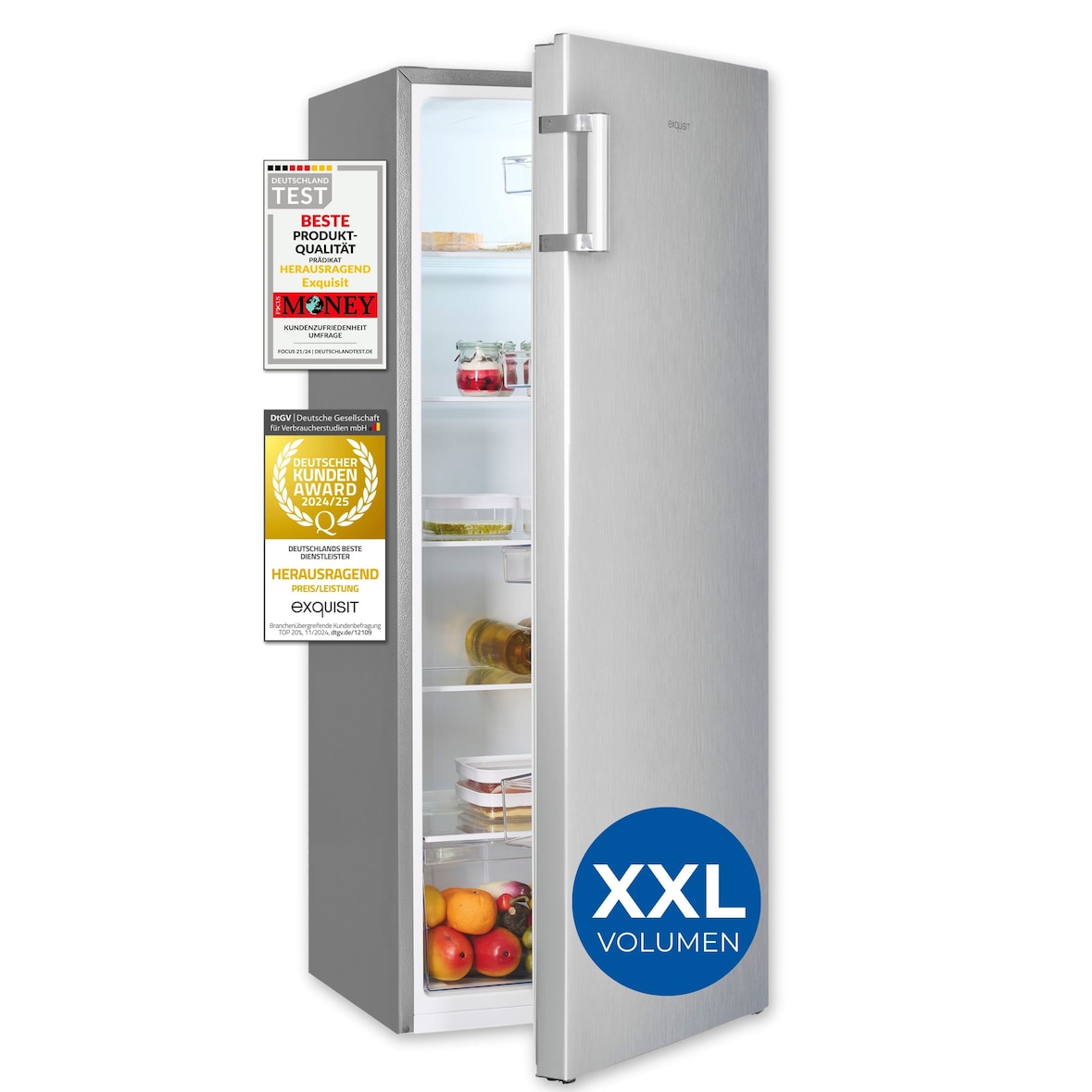 Exquisit Kühlschrank ohne Gefrierfach, 5 Ablagen, 242 Liter, Vollraumkühlschrank 143 cm hoch, KS5320-V-H-010E inoxlook