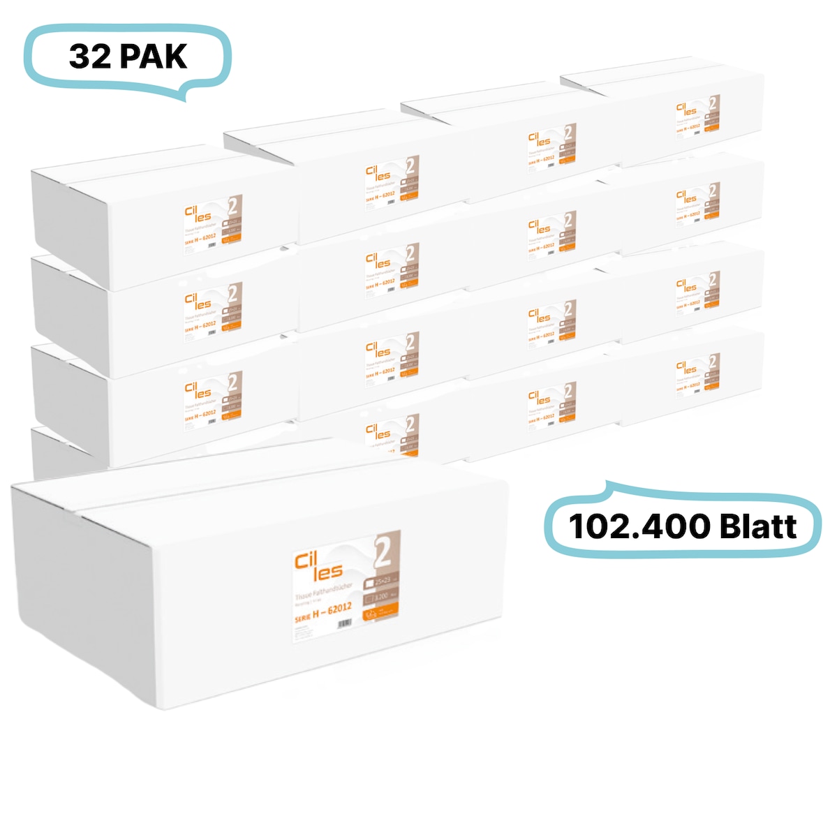 Falthandtücher 25x23cm, 2-lg, 32 Pak, 102.400 Blatt gesamt, 3.200 Blatt/ Pak, Recyclingpapier, V-Falz, CIL- les Tissue, Series H