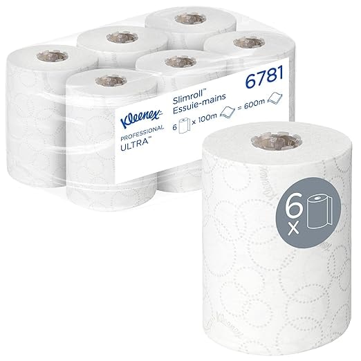 Essuie-mains roulés Kleenex Ultra Slimroll 6781 - Essuie-mains roulés 2 épaisseurs - 6 x rouleaux d'essuie-mains en papier blanc de 100 m