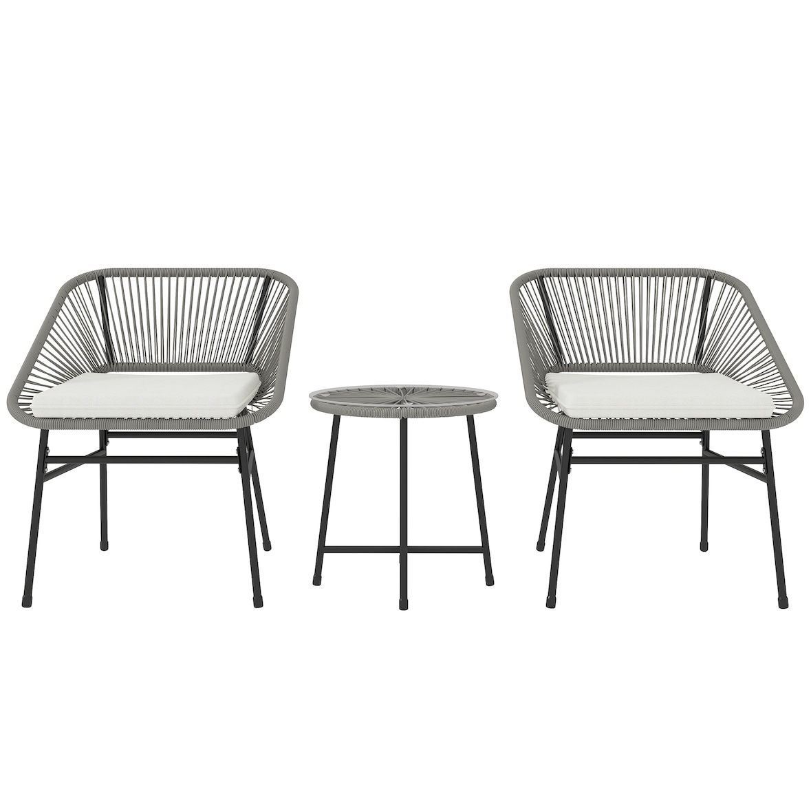 Balkonmöbel Set 63x65x76 cm Rattan Dunkelgrau 3 teilig mit 2 Stühlen und rundem Tisch mit Glasplatte wetterfest UV beständig verstellbare Fußpads